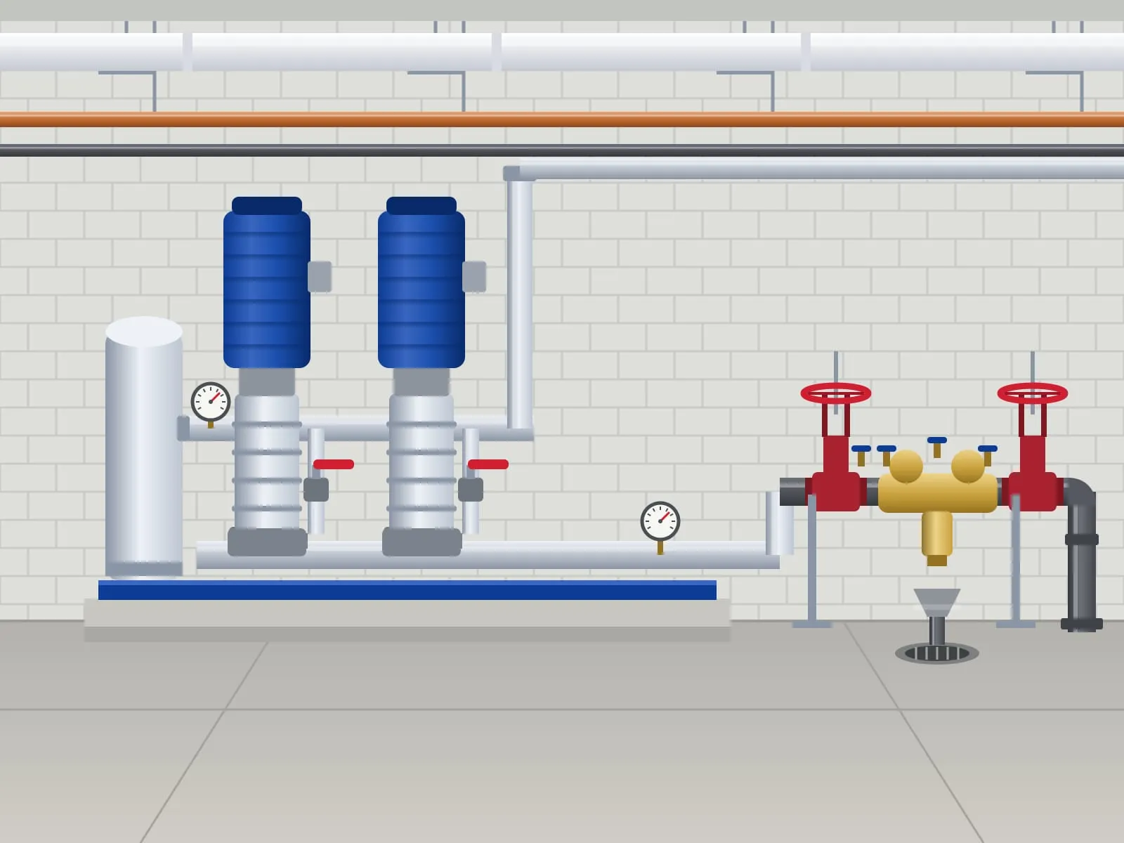 Illustration of a building water room with two blue booster pumps, a pressure tank and a backflow assembly with red valves