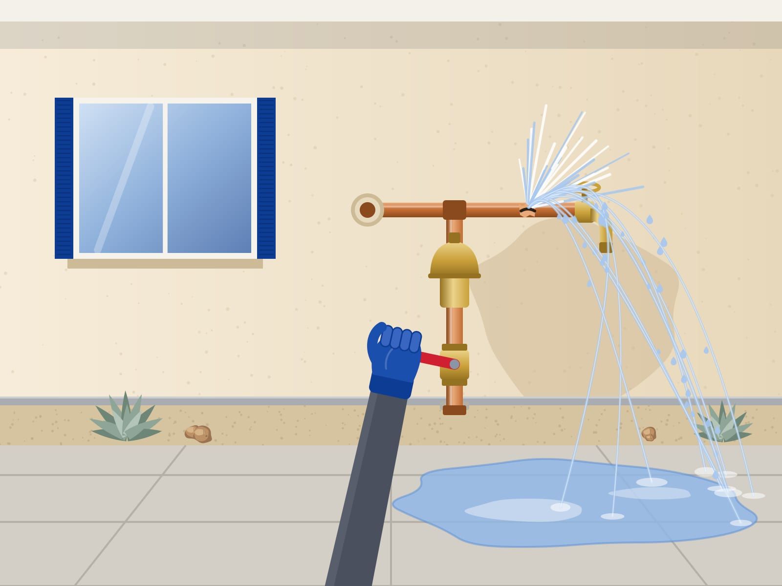 Illustration of a gloved hand closing a red main shutoff valve while a split copper pipe sprays water across a walkway