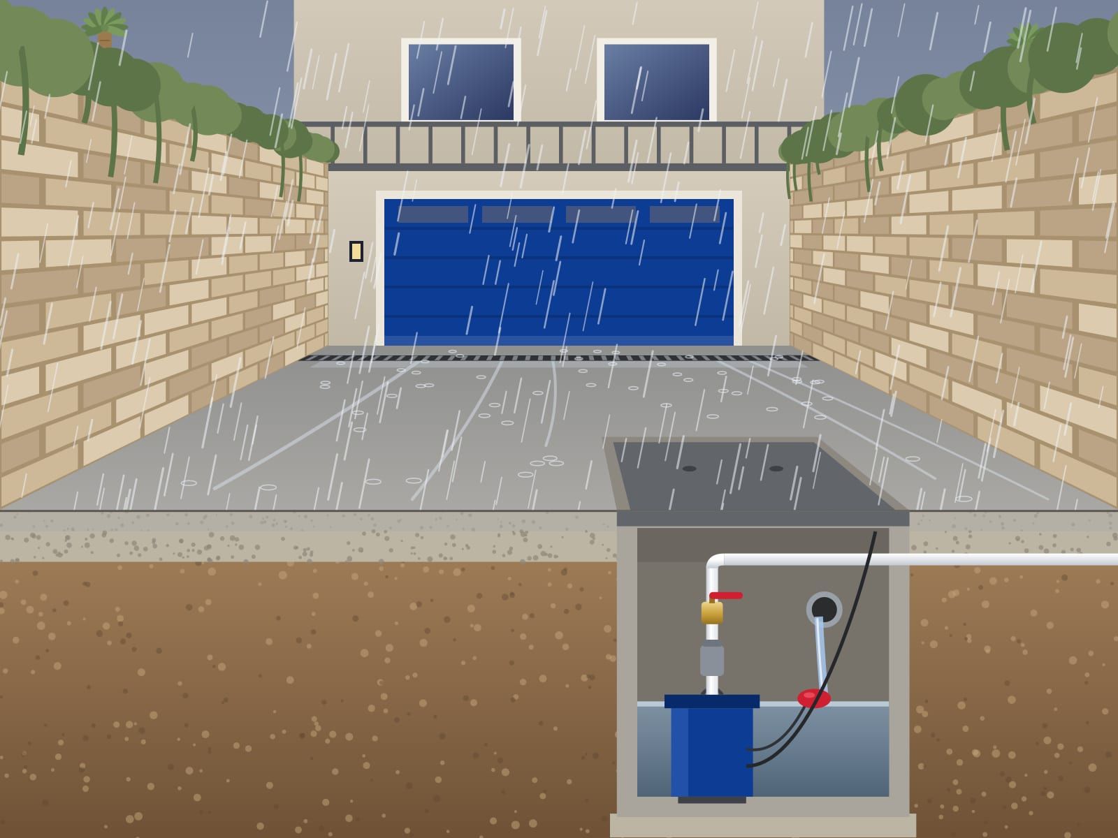 Illustration of a sunken driveway at a garage in the rain, with a trench drain and a cutaway vault holding a sump pump