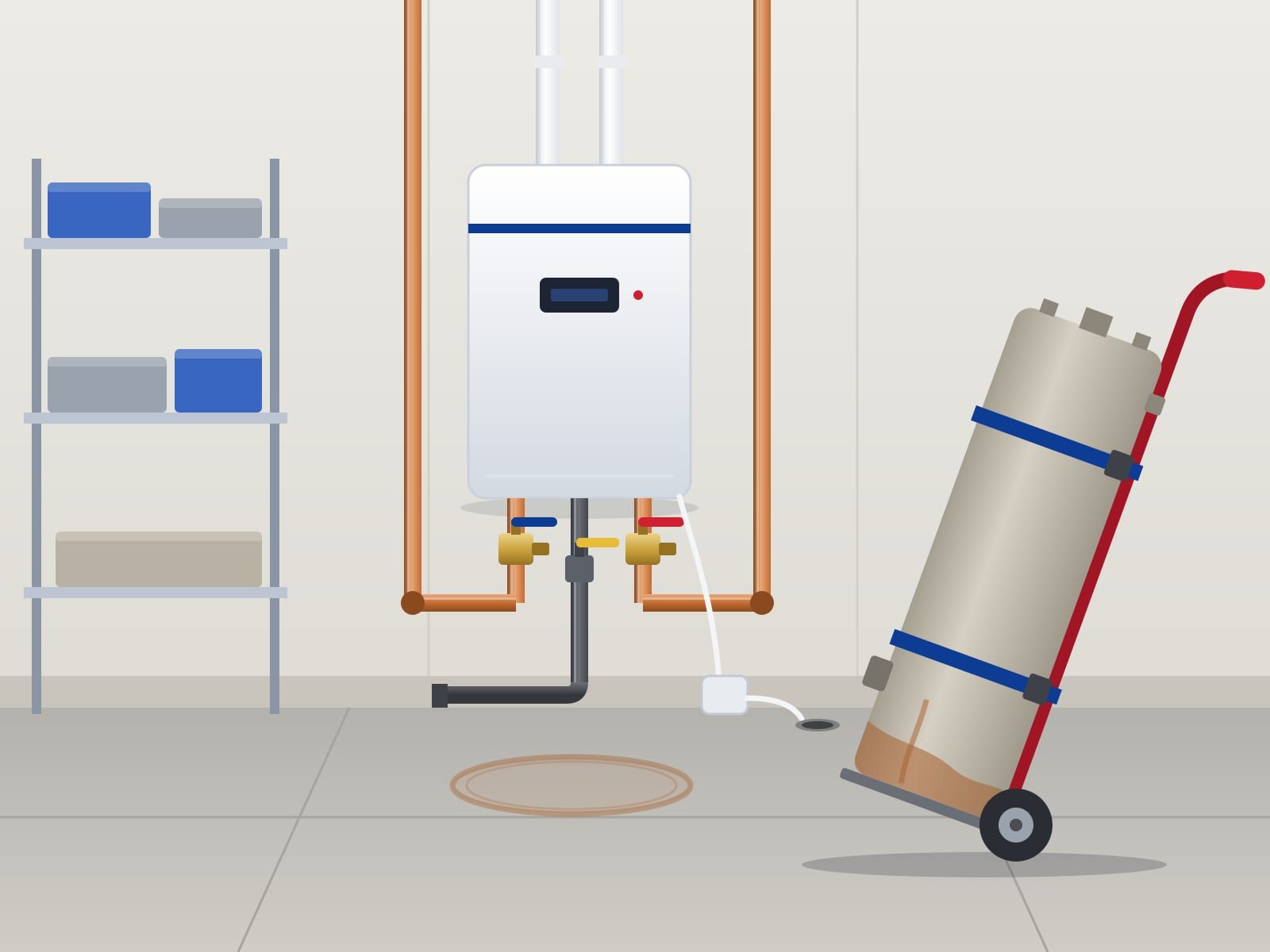 Illustration of a new tankless water heater on a garage wall, with the old tank strapped to a red hand cart beside it