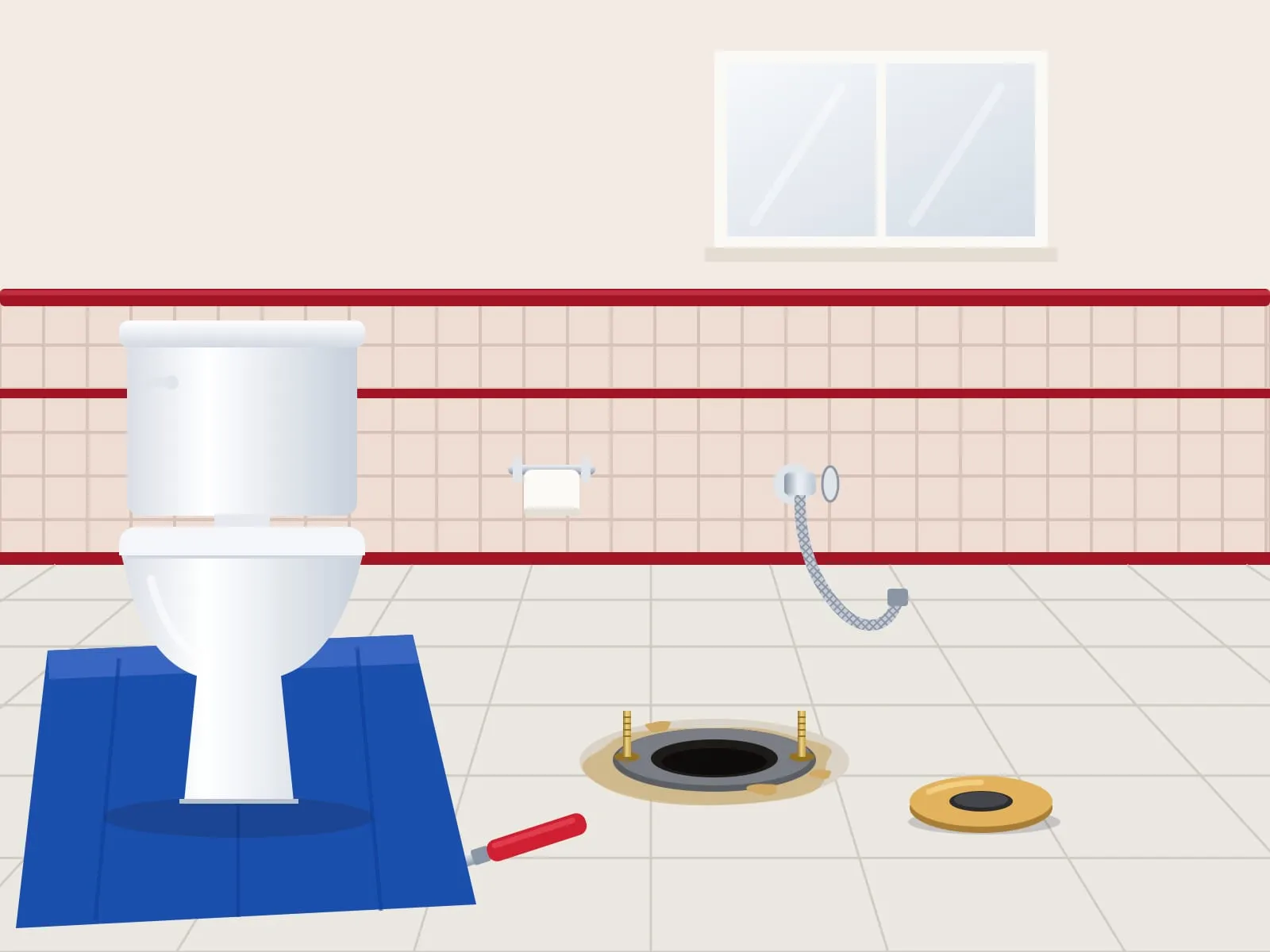 Illustration of a bathroom floor with the toilet set aside on a blue cloth, the open drain flange and a new wax ring